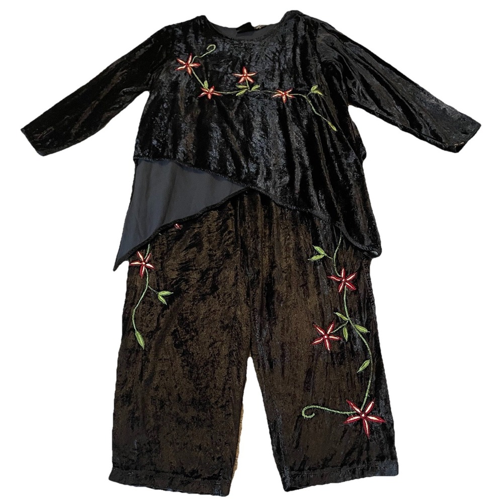 80s Anthony Mark Hankins 2Pc Outfit Womans 1X Black Floral Velvet Blouse Pants